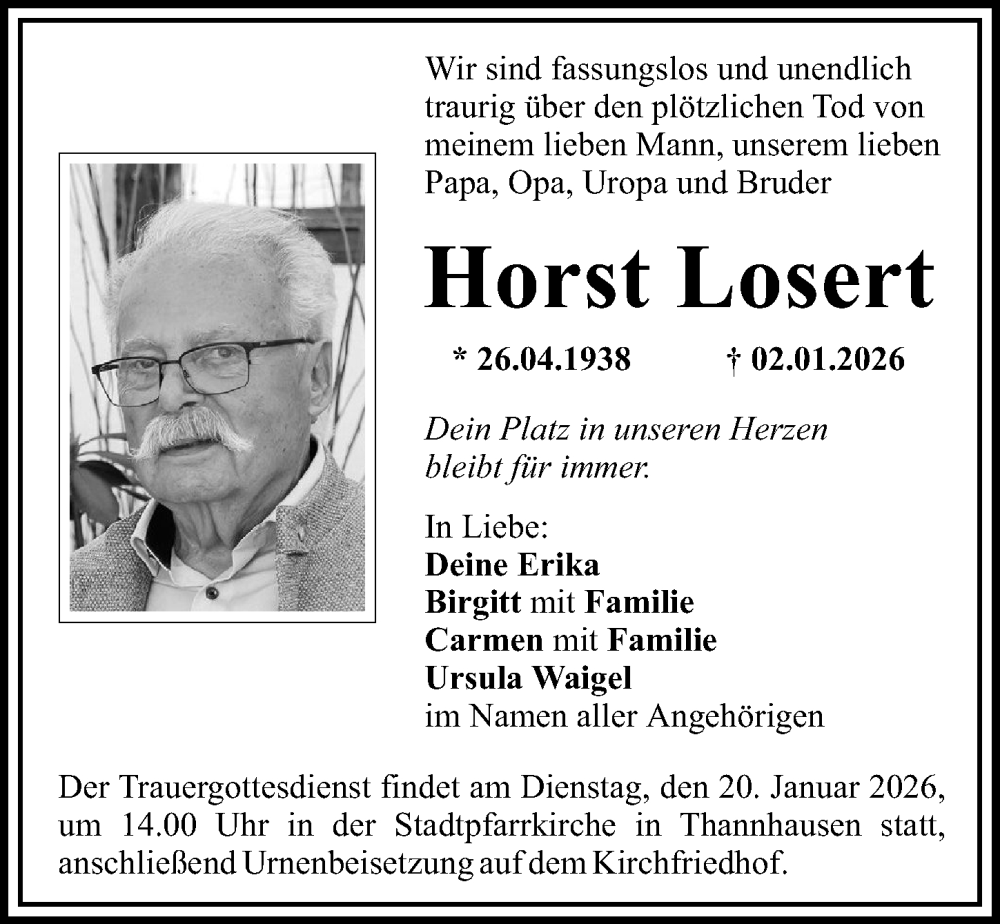  Traueranzeige für Horst Losert vom 15.01.2026 aus Mittelschwäbische Nachrichten
