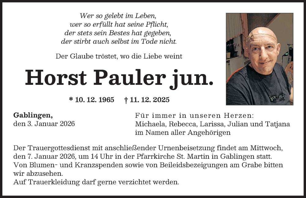  Traueranzeige für Horst Pauler vom 03.01.2026 aus Augsburger Allgemeine