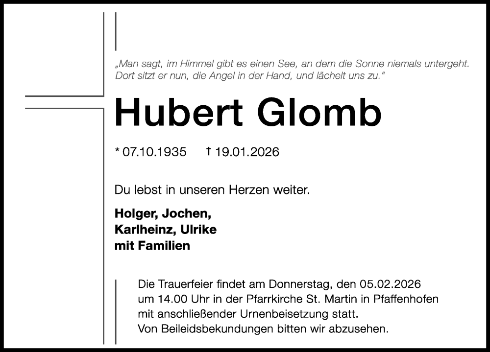  Traueranzeige für Hubert Glomb vom 31.01.2026 aus Neu-Ulmer Zeitung, Augsburger Allgemeine