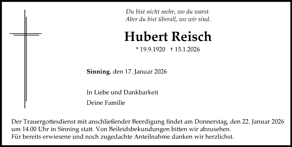  Traueranzeige für Hubert Reisch vom 17.01.2026 aus Neuburger Rundschau