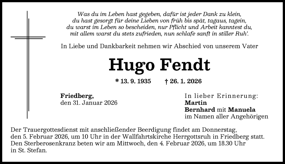  Traueranzeige für Hugo Fendt vom 31.01.2026 aus Friedberger Allgemeine, Augsburg-Land