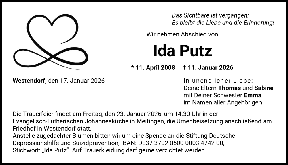  Traueranzeige für Ida Putz vom 17.01.2026 aus Augsburg-Land, Wertinger Zeitung