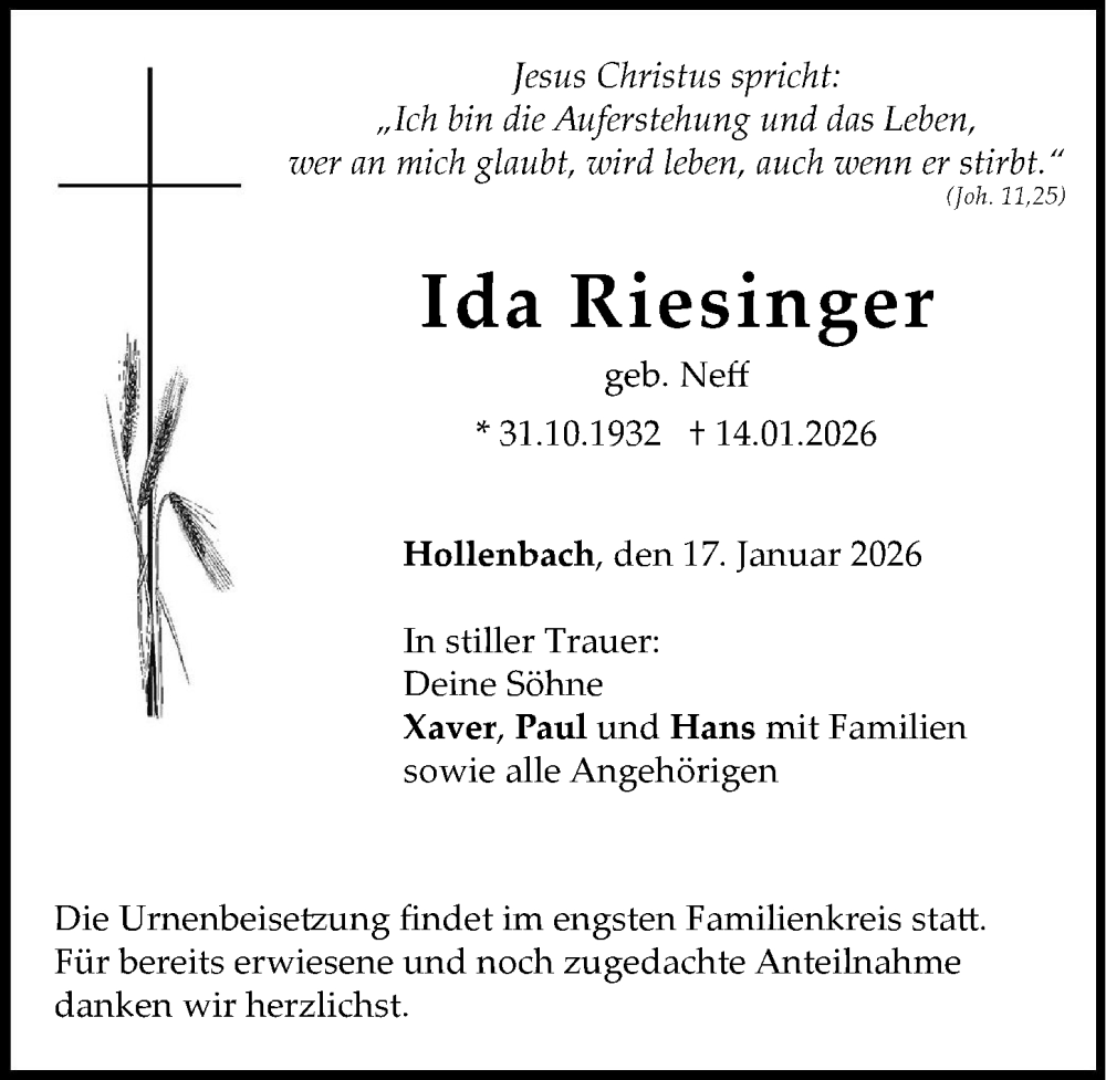  Traueranzeige für Ida Riesinger vom 17.01.2026 aus Donau Zeitung