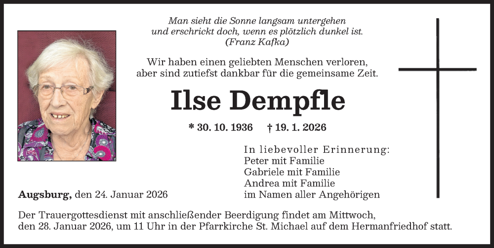  Traueranzeige für Ilse Dempfle vom 24.01.2026 aus Augsburger Allgemeine