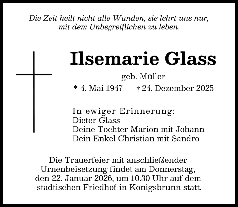  Traueranzeige für Ilsemarie Glass vom 17.01.2026 aus Augsburger Allgemeine
