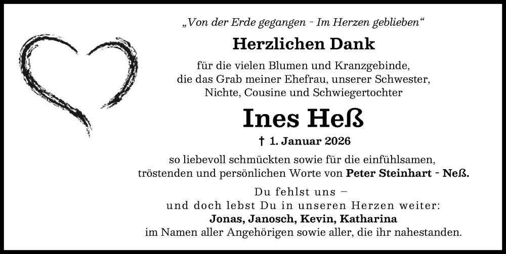 Traueranzeige für Ines Heß vom 17.01.2026 aus Günzburger Zeitung