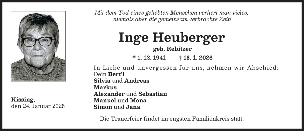  Traueranzeige für Inge Heuberger vom 24.01.2026 aus Friedberger Allgemeine