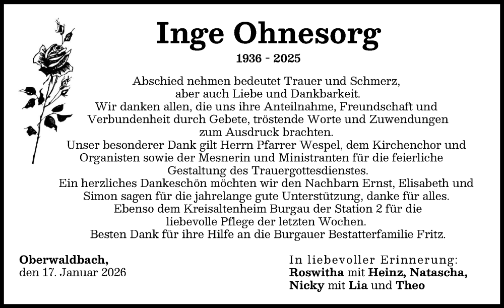 Traueranzeige von Inge Ohnesorg von Günzburger Zeitung