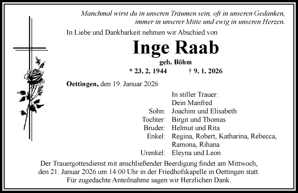  Traueranzeige für Inge Raab vom 19.01.2026 aus Rieser Nachrichten