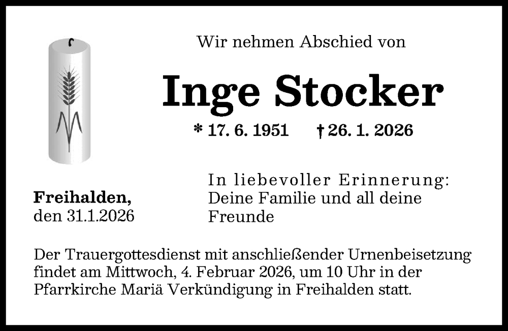  Traueranzeige für Inge Stocker vom 31.01.2026 aus Günzburger Zeitung