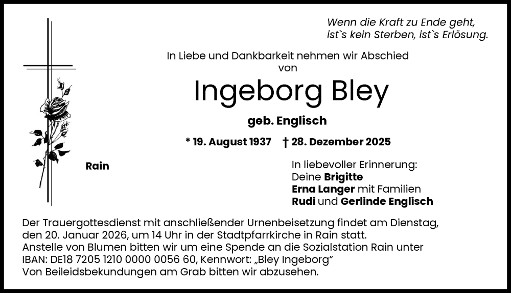  Traueranzeige für Ingeborg Bley vom 17.01.2026 aus Donauwörther Zeitung