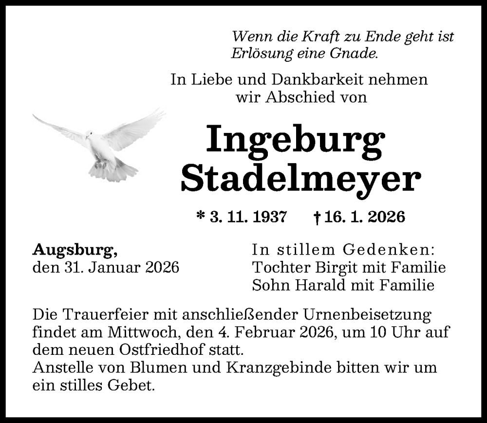  Traueranzeige für Ingeburg Stadelmeyer vom 31.01.2026 aus Augsburger Allgemeine