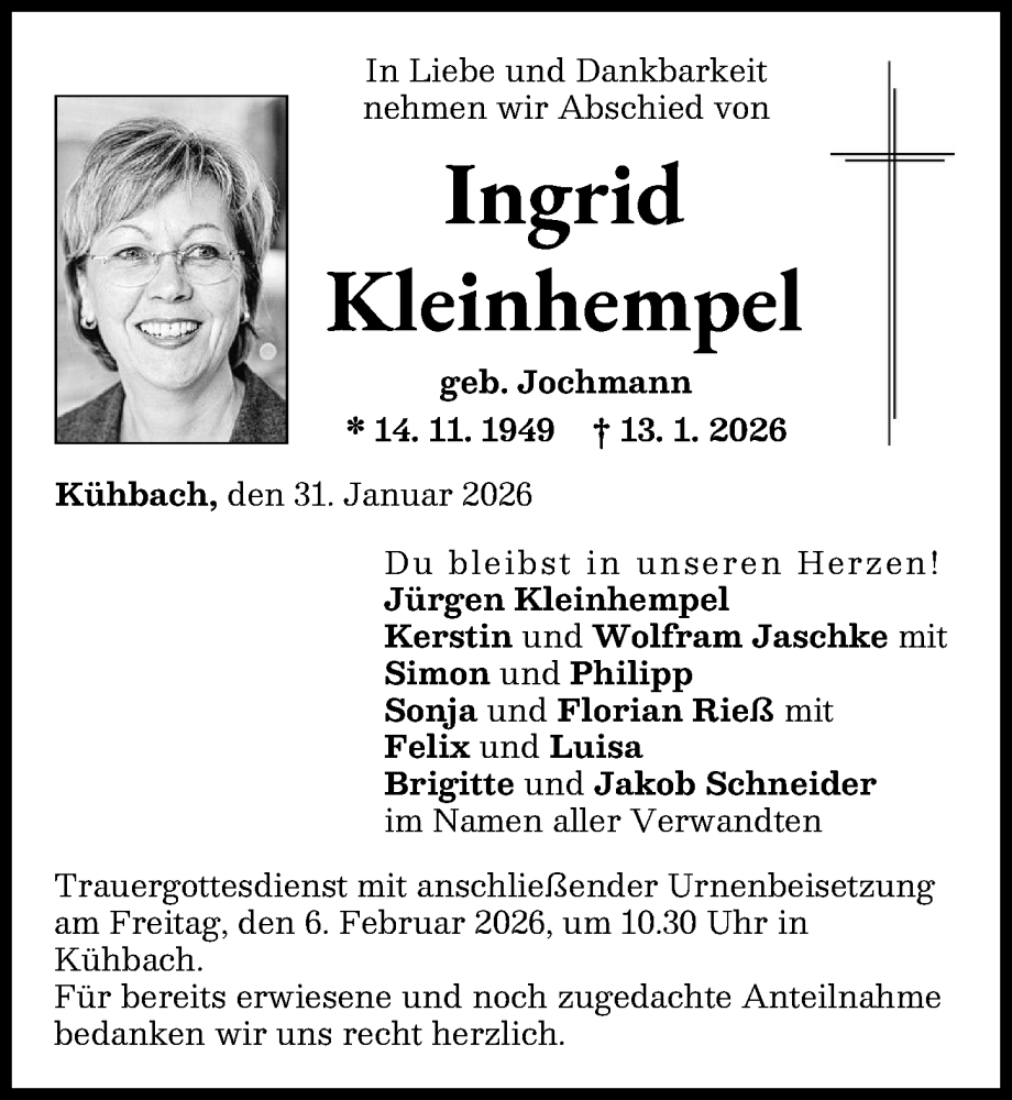  Traueranzeige für Ingrid Kleinhempel vom 31.01.2026 aus Aichacher Nachrichten