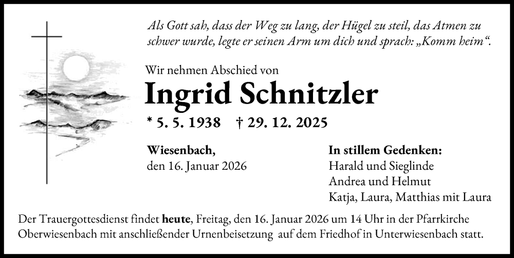  Traueranzeige für Ingrid Schnitzler vom 16.01.2026 aus Mittelschwäbische Nachrichten