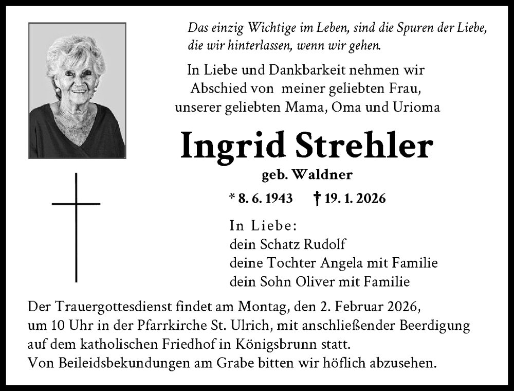  Traueranzeige für Ingrid Strehler vom 31.01.2026 aus Augsburger Allgemeine