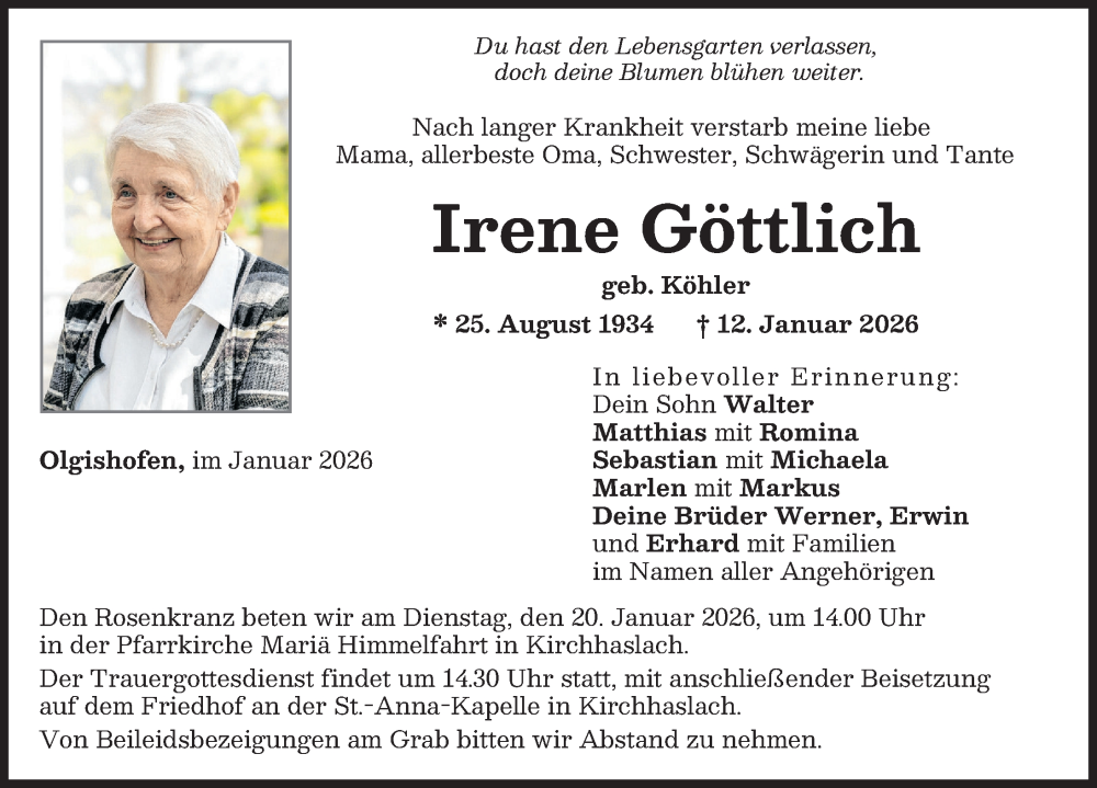  Traueranzeige für Irene Göttlich vom 17.01.2026 aus Illertisser Zeitung