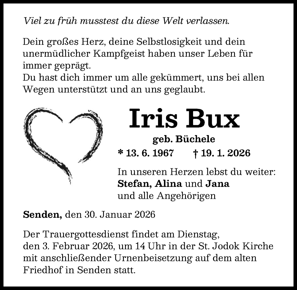  Traueranzeige für Iris Bux vom 30.01.2026 aus Neu-Ulmer Zeitung