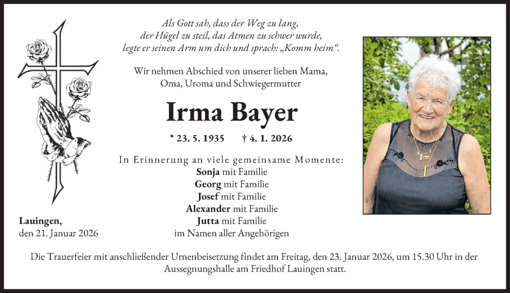  Traueranzeige für Irma Bayer vom 21.01.2026 aus Donau Zeitung