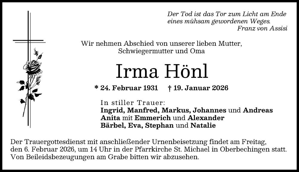  Traueranzeige für Irma Hönl vom 31.01.2026 aus Donau Zeitung