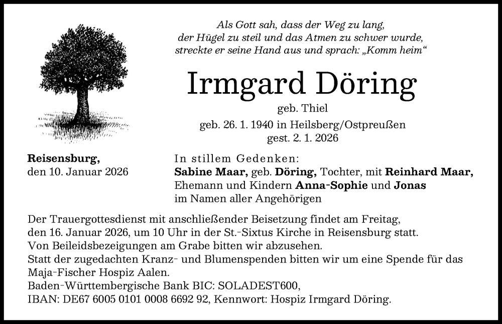  Traueranzeige für Irmgard Döring vom 10.01.2026 aus Günzburger Zeitung