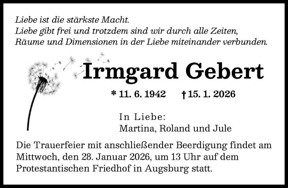  Traueranzeige für Irmgard Gebert vom 24.01.2026 aus Augsburger Allgemeine