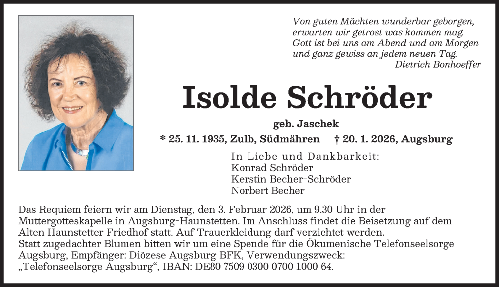  Traueranzeige für Isolde Schröder vom 31.01.2026 aus Augsburger Allgemeine