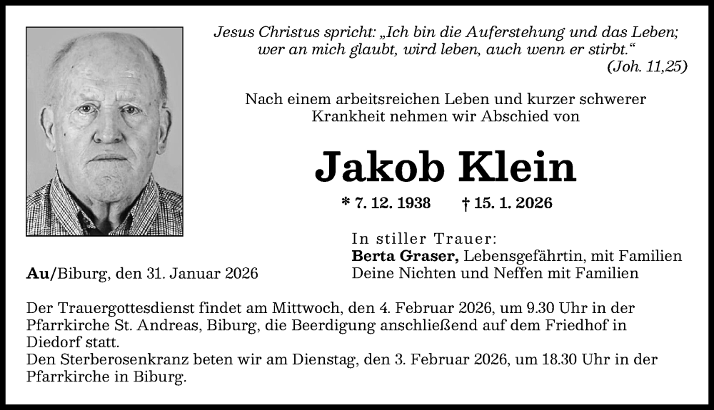  Traueranzeige für Jakob Klein vom 31.01.2026 aus Augsburg-Land