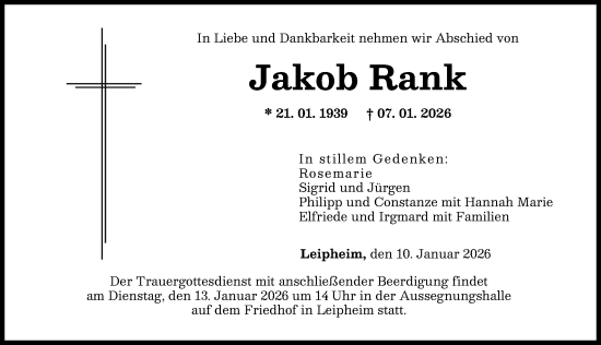 Traueranzeige von Jakob Rank von Günzburger Zeitung