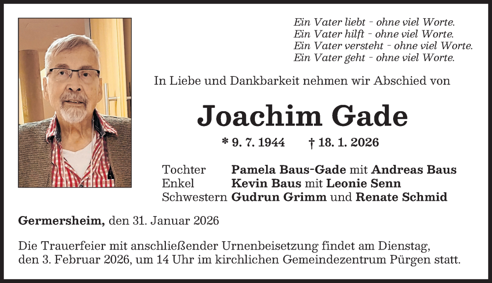  Traueranzeige für Joachim Gade vom 31.01.2026 aus Landsberger Tagblatt