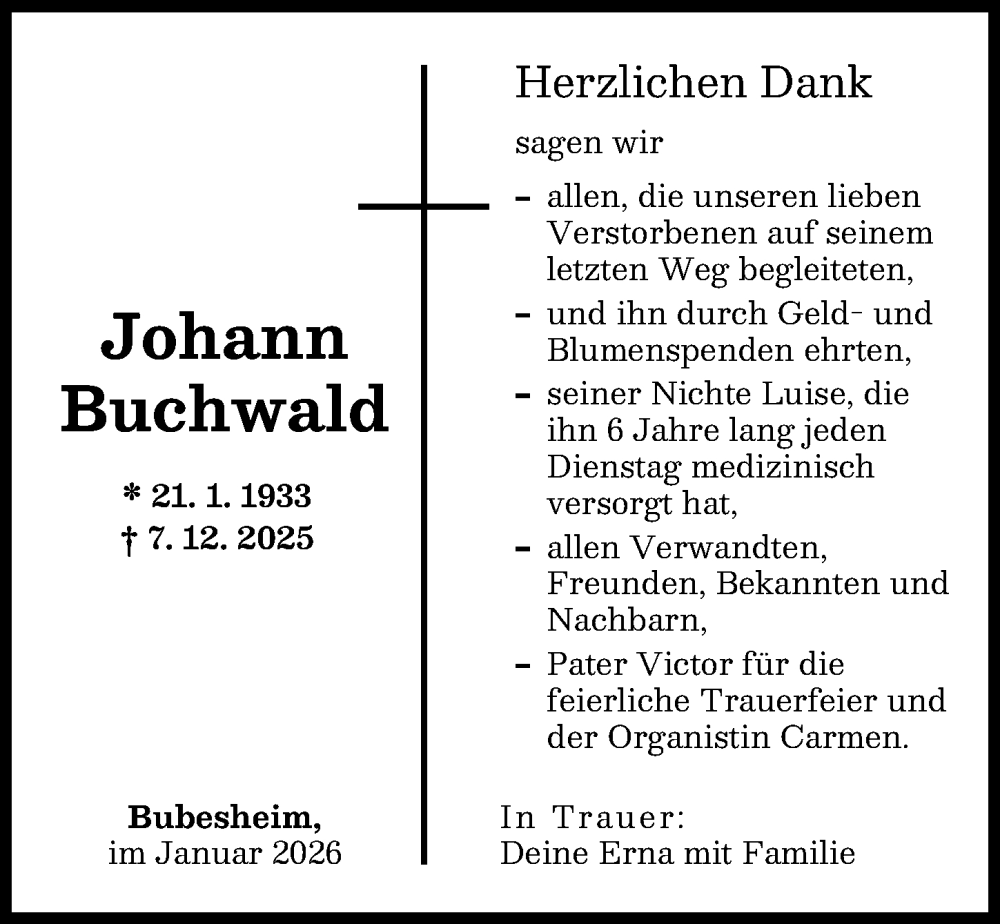  Traueranzeige für Johann Buchwald vom 17.01.2026 aus Günzburger Zeitung
