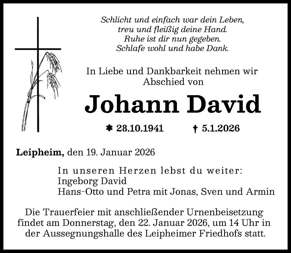  Traueranzeige für Johann David vom 19.01.2026 aus Günzburger Zeitung