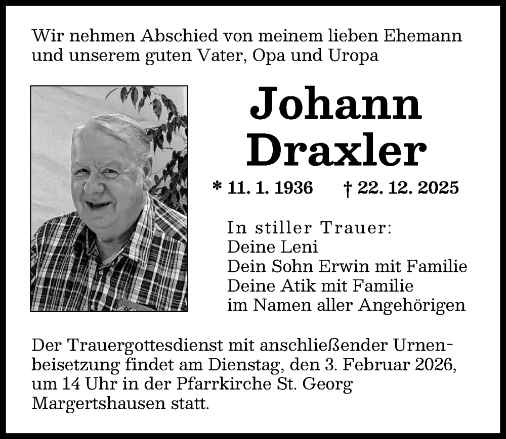  Traueranzeige für Johann Draxler vom 31.01.2026 aus Augsburger Allgemeine