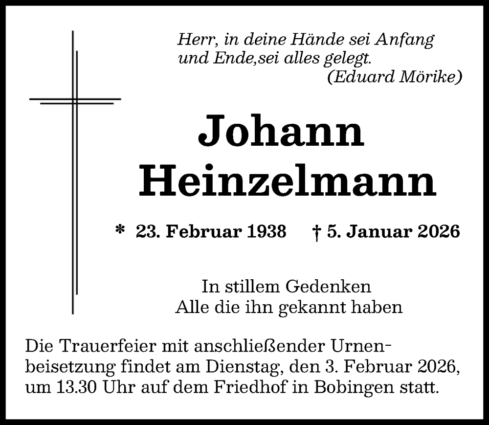  Traueranzeige für Johann Heinzelmann vom 31.01.2026 aus Schwabmünchner Allgemeine