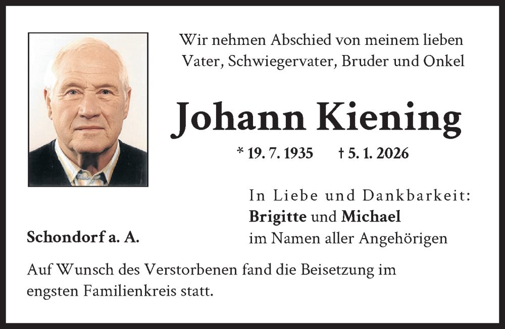 Traueranzeige für Johann Kiening vom 23.01.2026 aus Landsberger Tagblatt