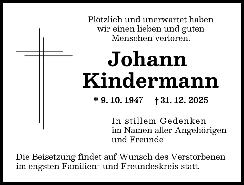  Traueranzeige für Johann Kindermann vom 17.01.2026 aus Neu-Ulmer Zeitung