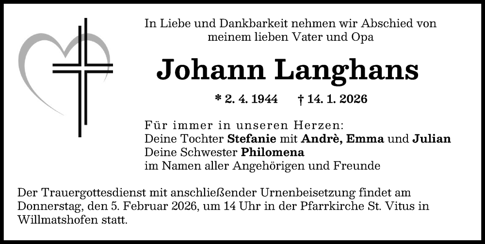  Traueranzeige für Johann Langhans vom 31.01.2026 aus Augsburg-Land