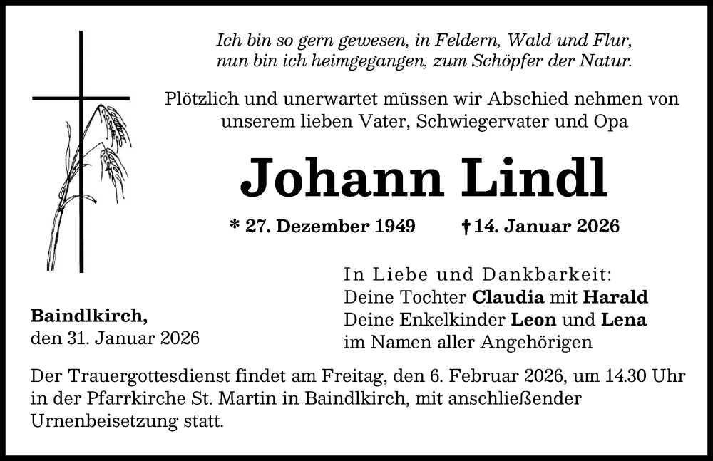 Traueranzeige für Johann Lindl vom 31.01.2026 aus Friedberger Allgemeine