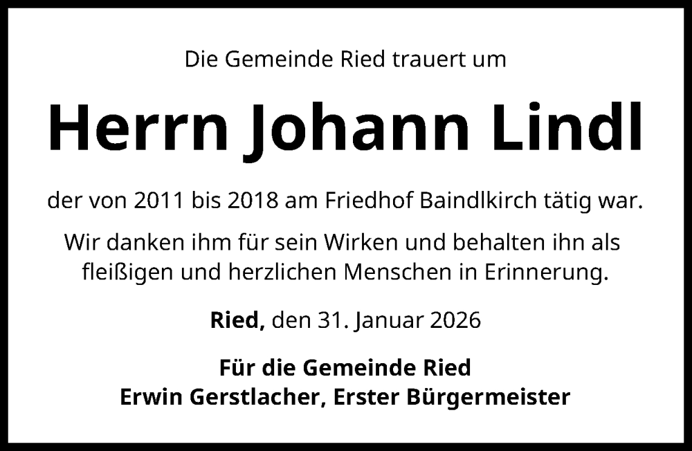  Traueranzeige für Johann Lindl vom 31.01.2026 aus Friedberger Allgemeine