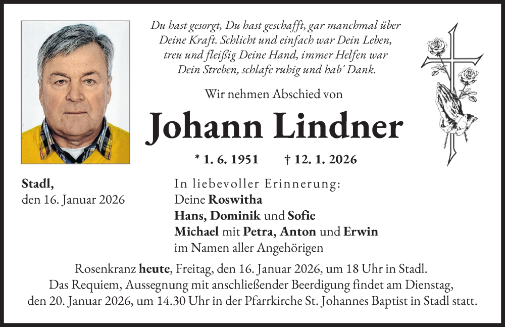  Traueranzeige für Johann Lindner vom 16.01.2026 aus Landsberger Tagblatt