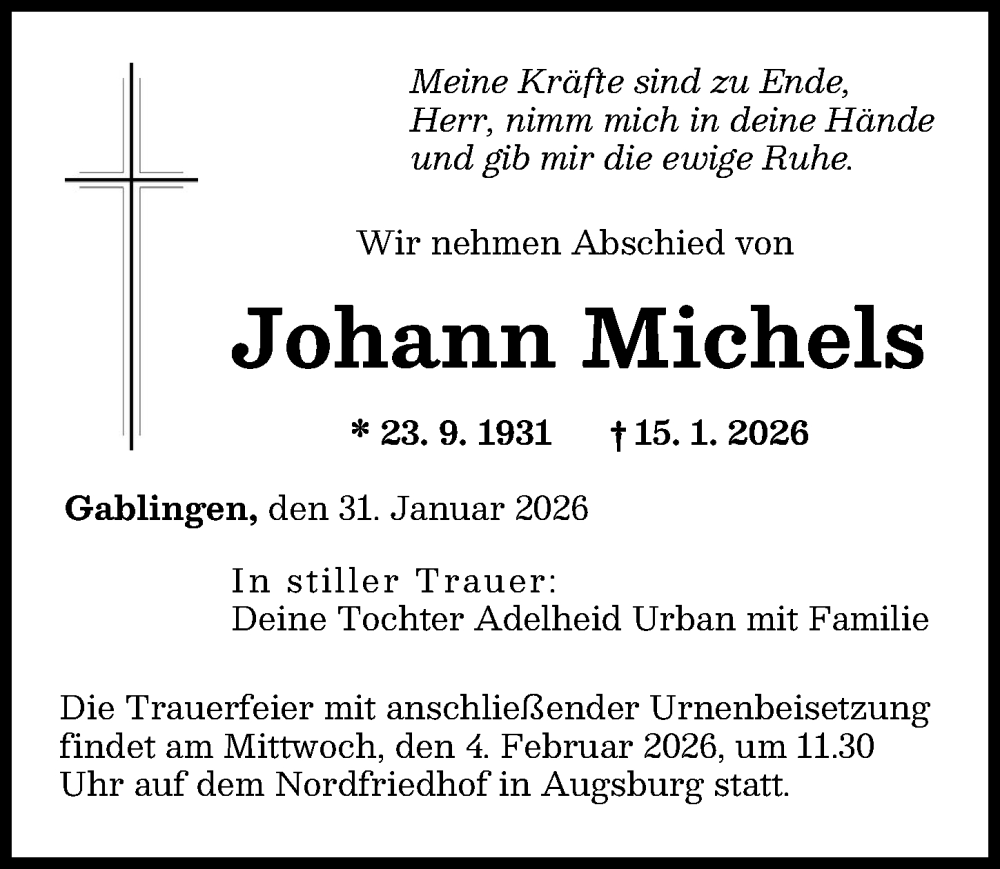  Traueranzeige für Johann Michels vom 31.01.2026 aus Augsburger Allgemeine