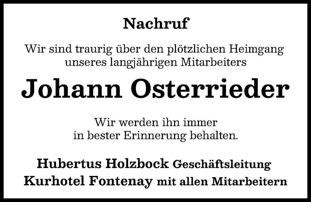  Traueranzeige für Johann Osterrieder vom 21.01.2026 aus Mindelheimer Zeitung