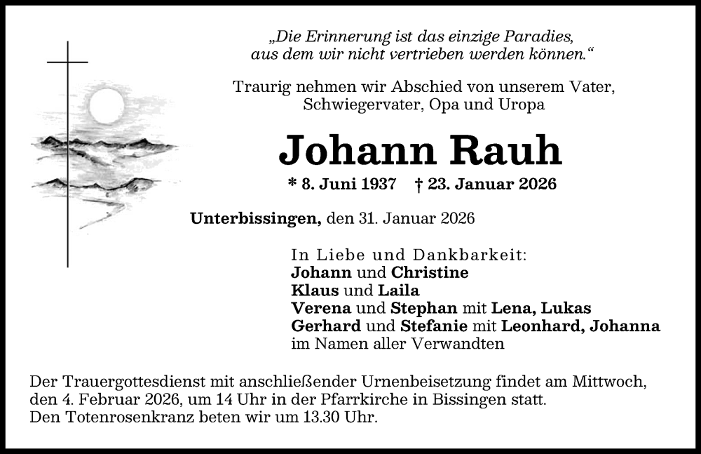  Traueranzeige für Johann Rauh vom 31.01.2026 aus Donau Zeitung