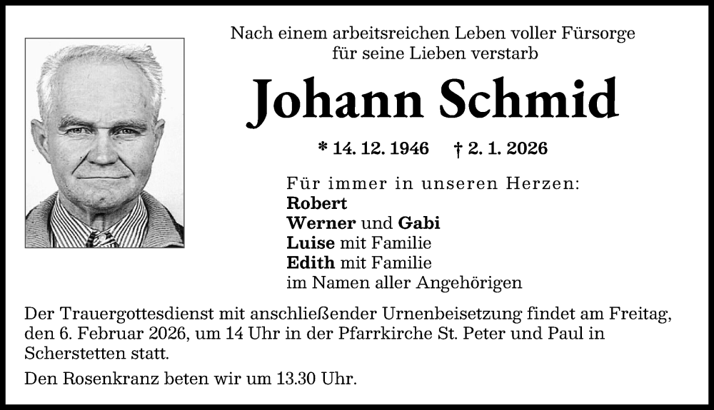  Traueranzeige für Johann Schmid vom 31.01.2026 aus Schwabmünchner Allgemeine
