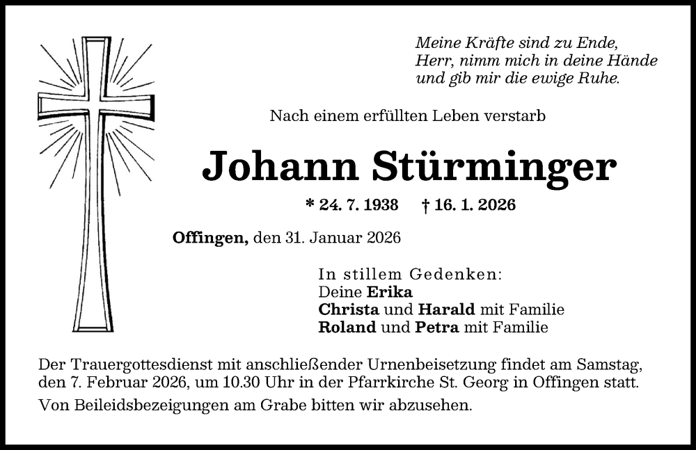  Traueranzeige für Johann Stürminger vom 31.01.2026 aus Günzburger Zeitung