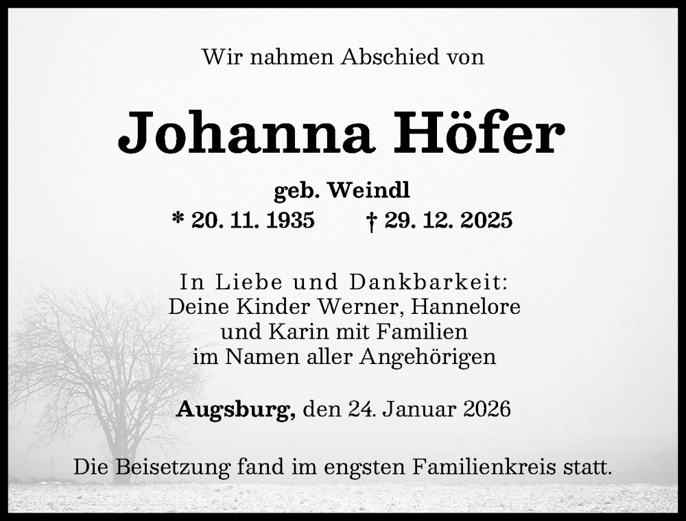  Traueranzeige für Johanna Höfer vom 24.01.2026 aus Augsburger Allgemeine
