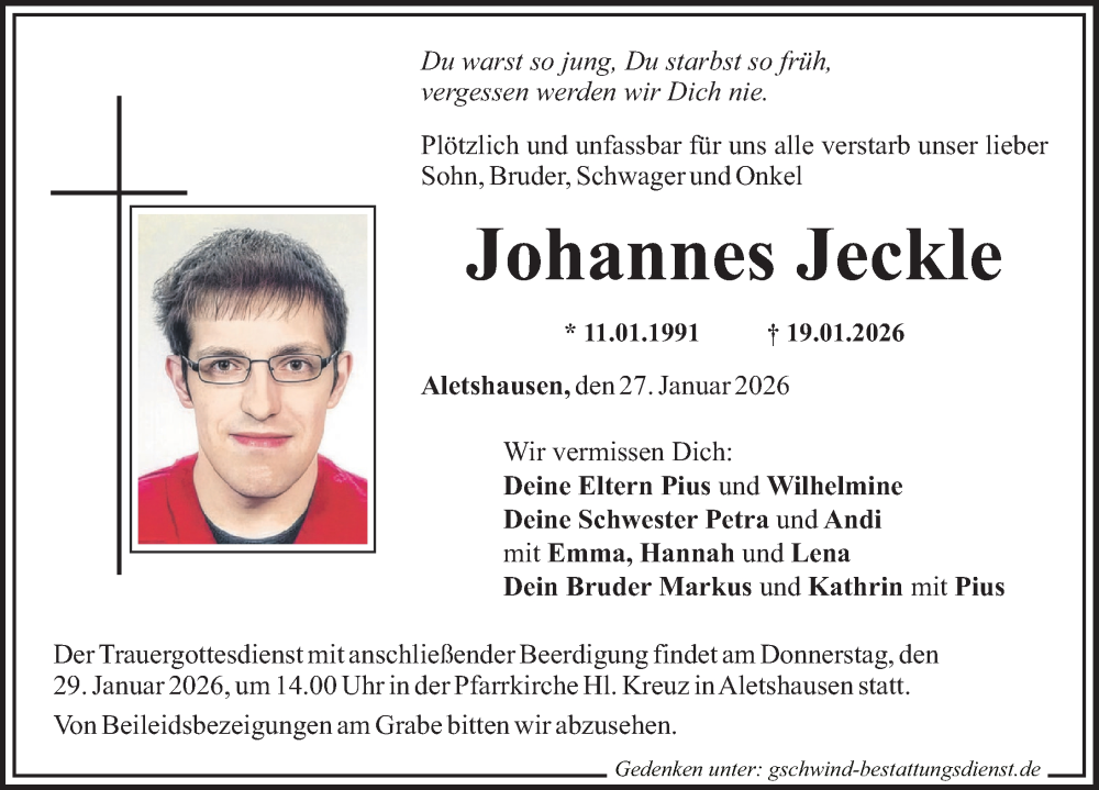  Traueranzeige für Johannes Jeckle vom 27.01.2026 aus Mittelschwäbische Nachrichten