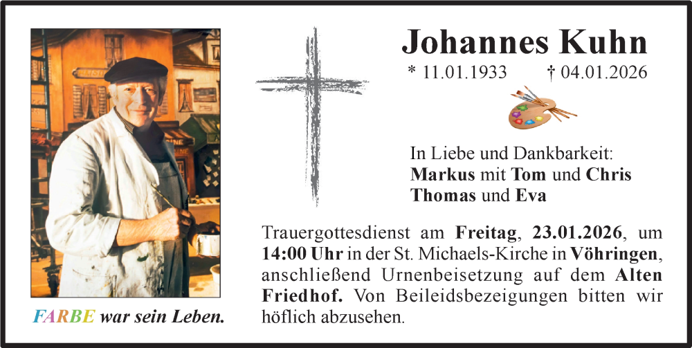 Traueranzeige für Johannes Kuhn vom 17.01.2026 aus Neu-Ulmer Zeitung, Illertisser Zeitung
