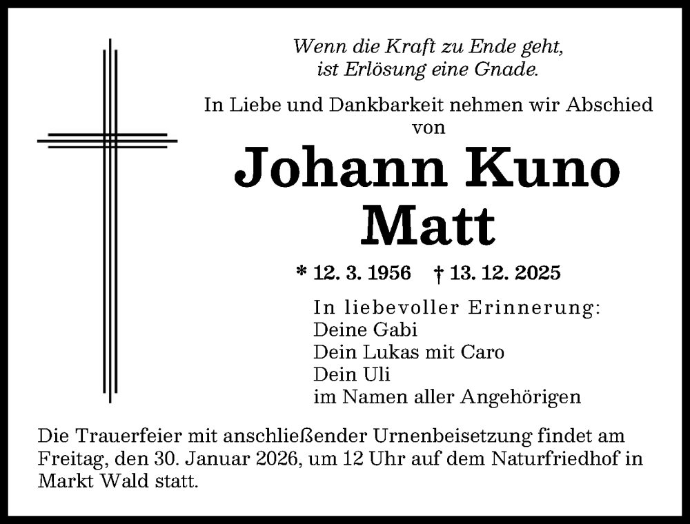  Traueranzeige für Johann Kuno Matt vom 24.01.2026 aus Augsburger Allgemeine