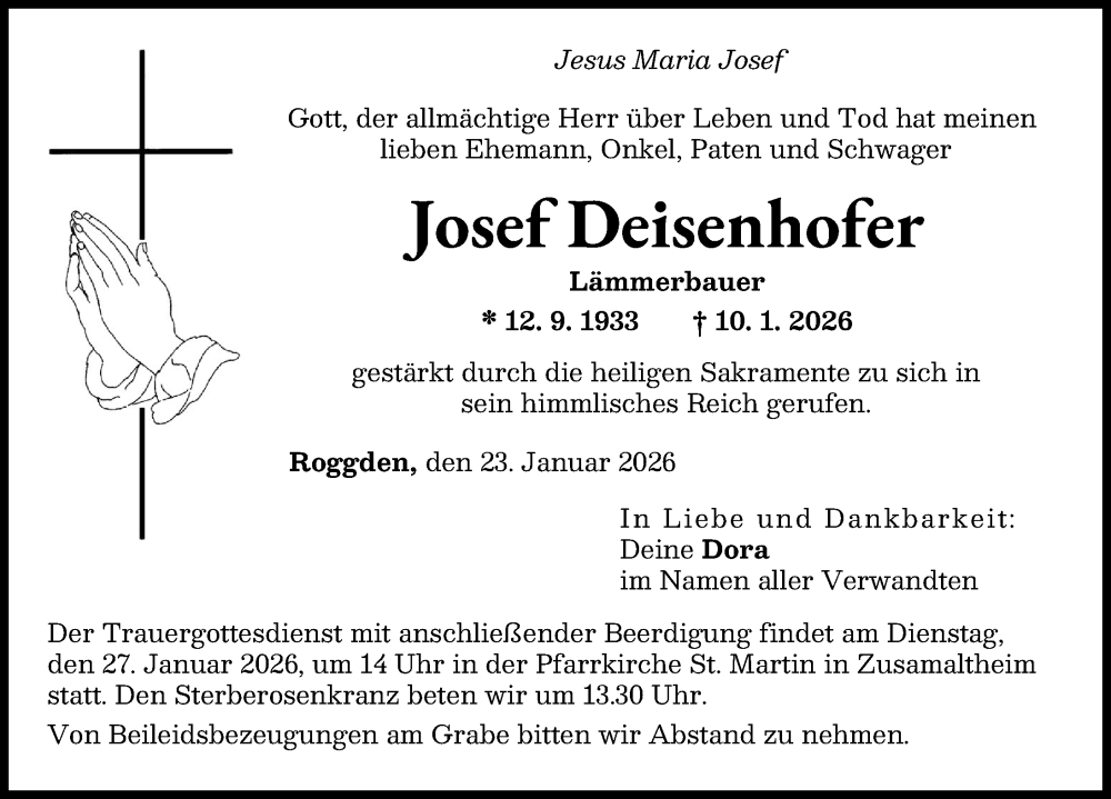  Traueranzeige für Josef Deisenhofer vom 23.01.2026 aus Wertinger Zeitung, Donau Zeitung