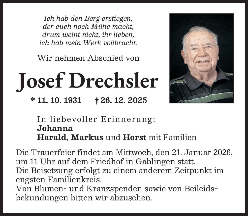  Traueranzeige für Josef Drechsler vom 17.01.2026 aus Augsburg-Land